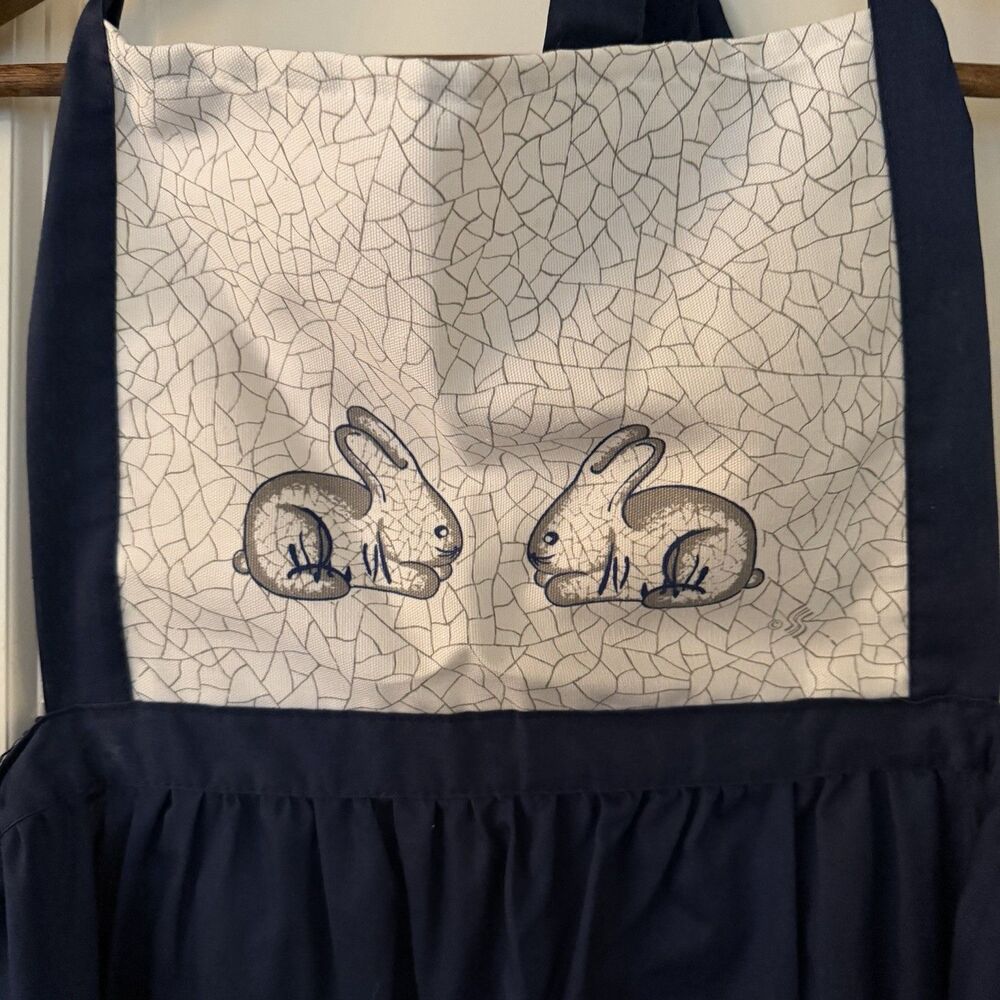 Stevens Linen Bunny Rabbit Kitchen Apron Dedham Pottery Inspired Long W/ Ruffle